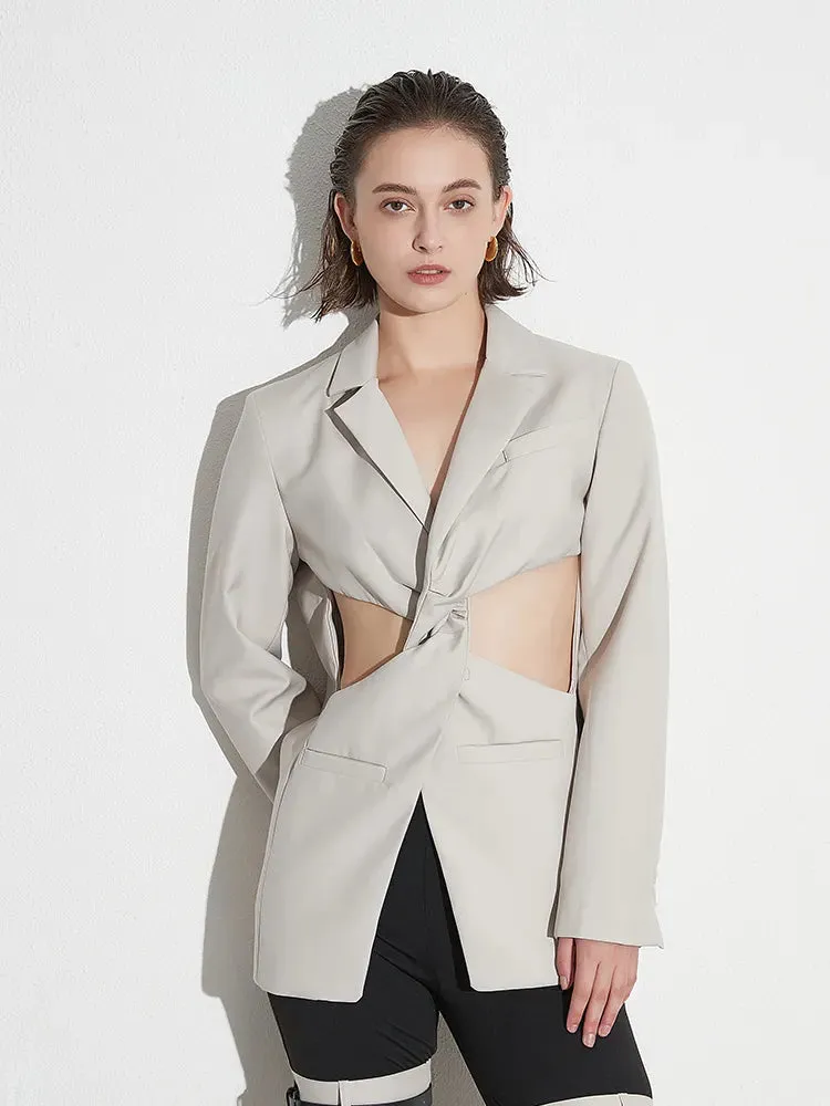 Solid Hollow Out Twist Front Blazers For Women Notched Colar Long Sleeve Spliced Pockets Chic Blazer Female Fashion