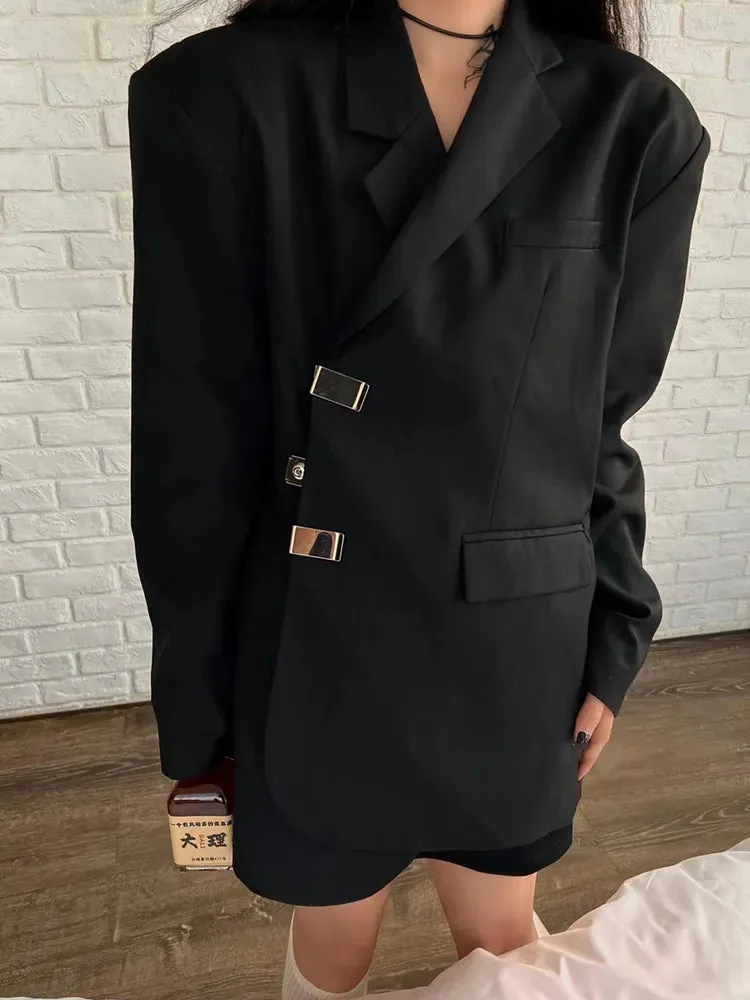 Solid Minimalist Blazers For Women Notched Collar Long Sleeve Patchwork Pockets Loose Blazer Female Fashion