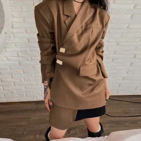 Solid Minimalist Blazers For Women Notched Collar Long Sleeve Patchwork Pockets Loose Blazer Female Fashion