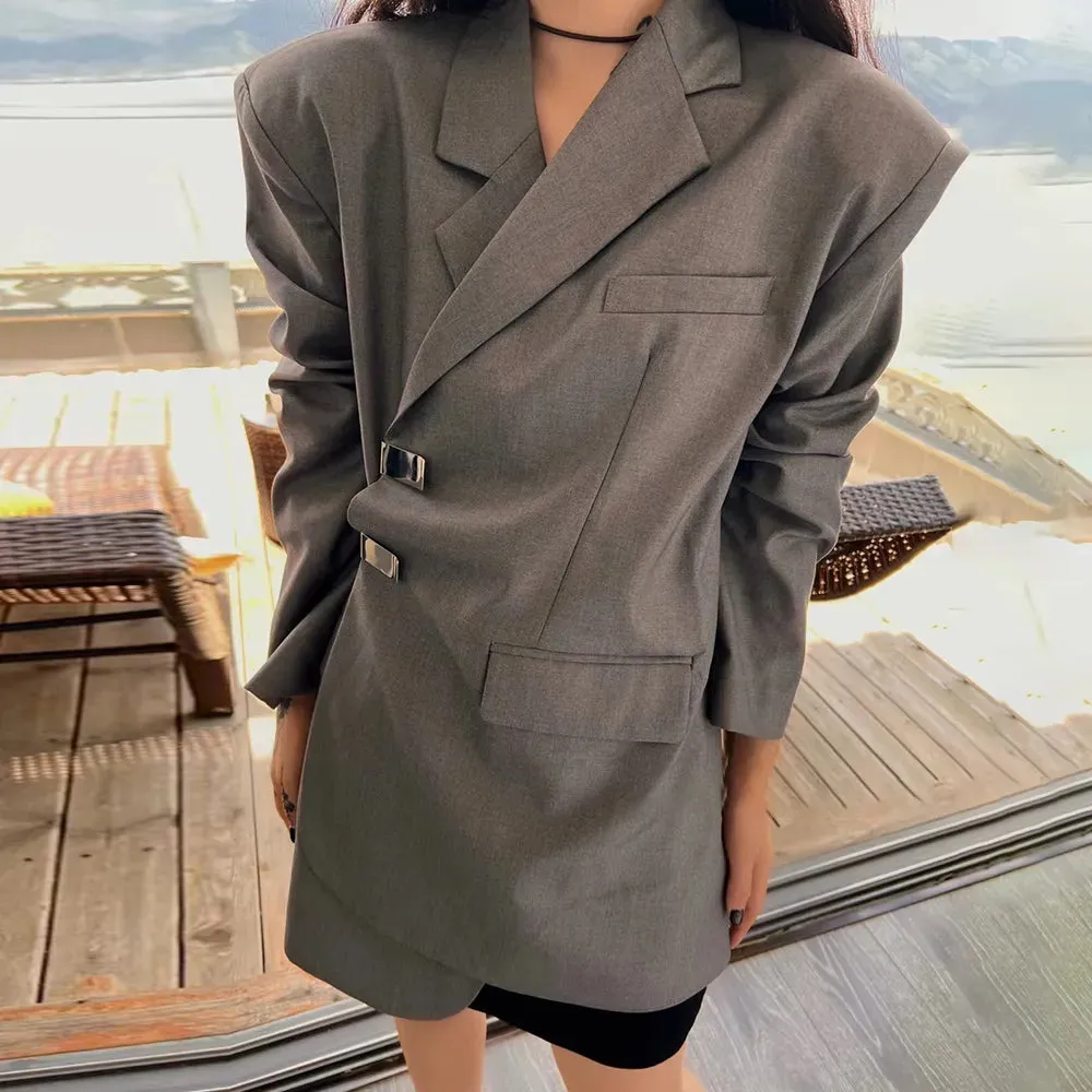 Solid Minimalist Blazers For Women Notched Collar Long Sleeve Patchwork Pockets Loose Blazer Female Fashion