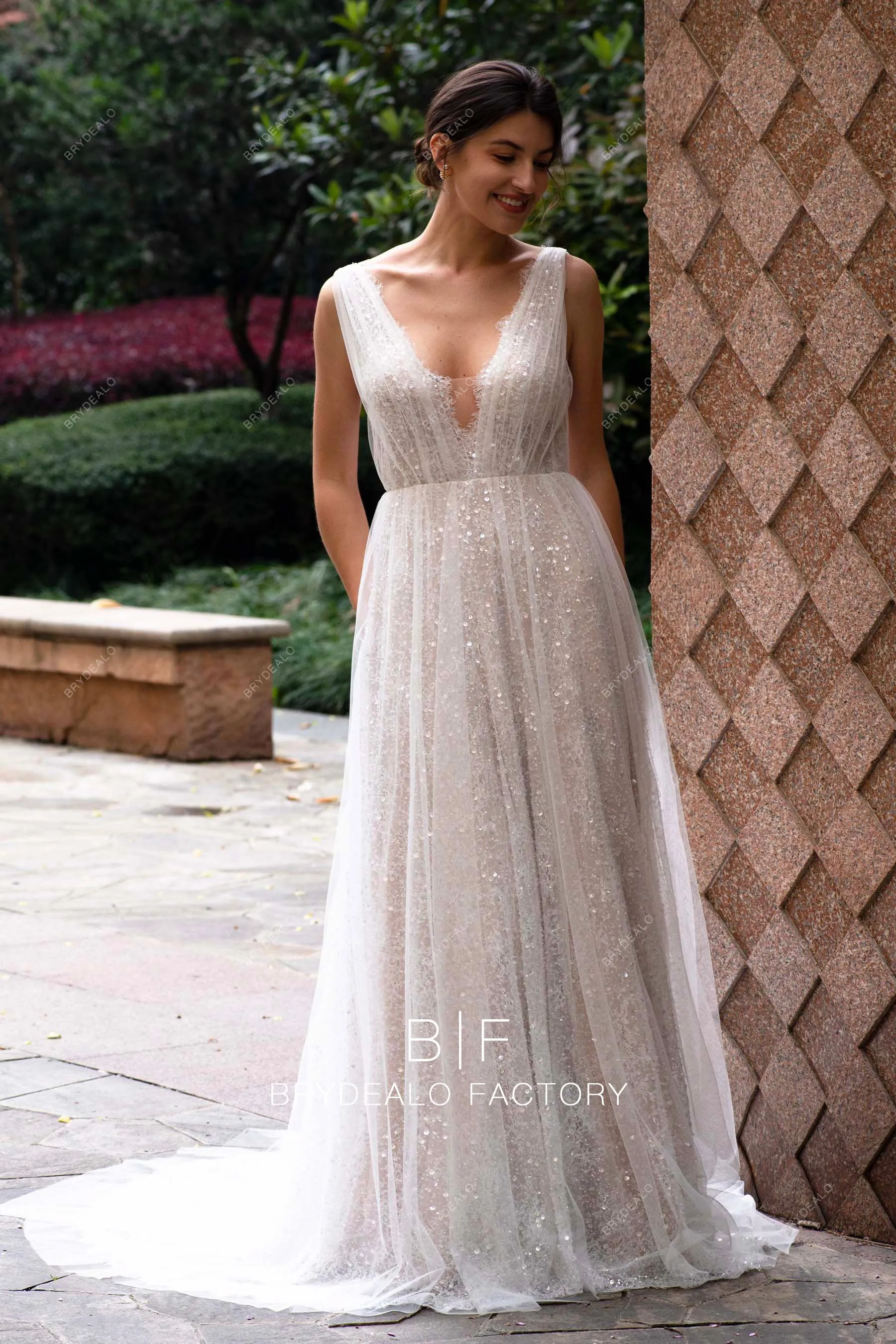 Sparkly Scallop Lace Plunging Designer Nude A-line Wedding Dress