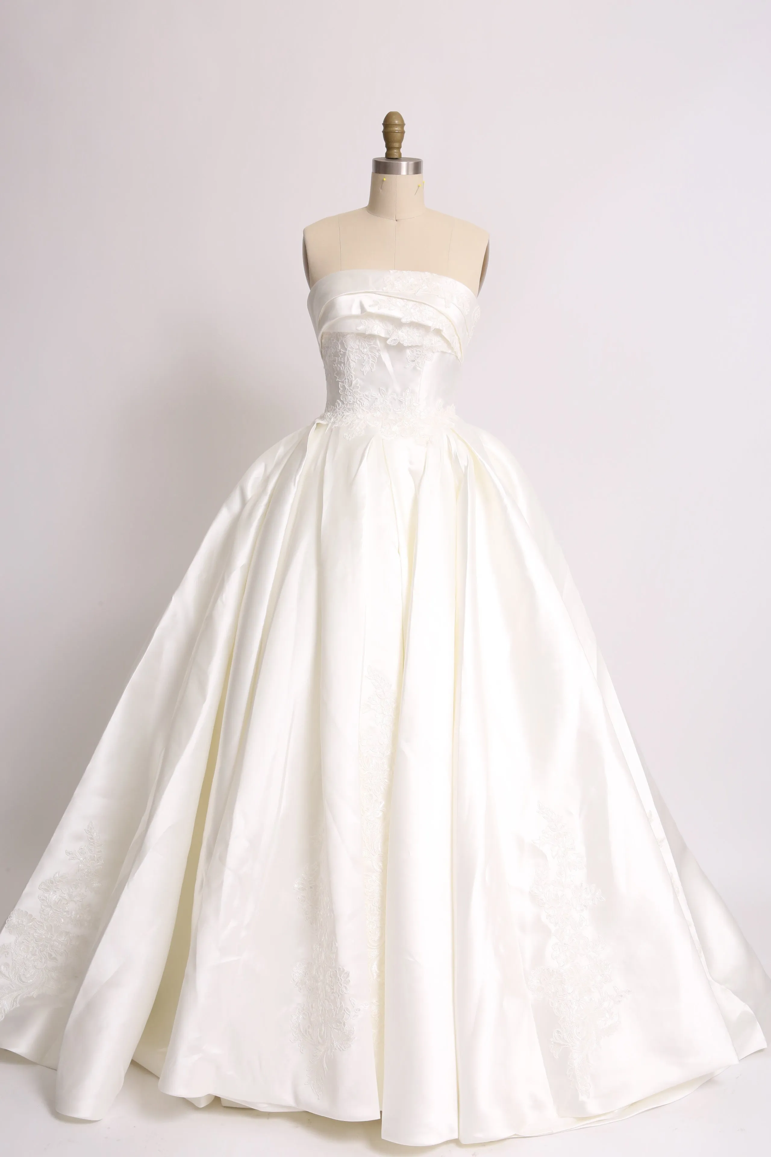 Style D2420 - Lux Satin strapless lace Floral applique Pleated Bodice Elegant ball gown princess wedding dress