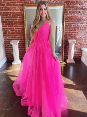 Stylish Deep V Neck Backless Hot Pink Long Prom, Open Back Hot Pink Formal Graduation Evening