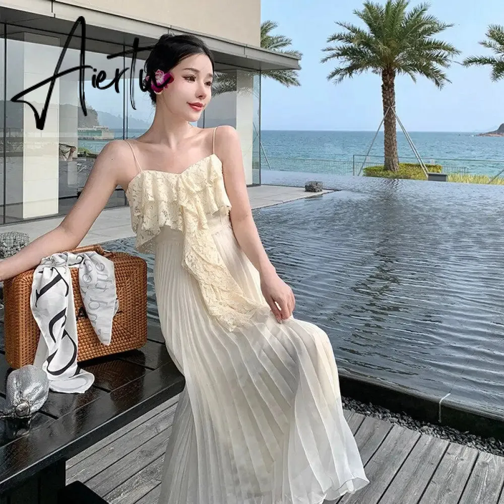 Summer White Lace Suspender Dresses Women's Elegant Pleated Long Dresses  New Female Backless Sexy Beach Vacation Dresses