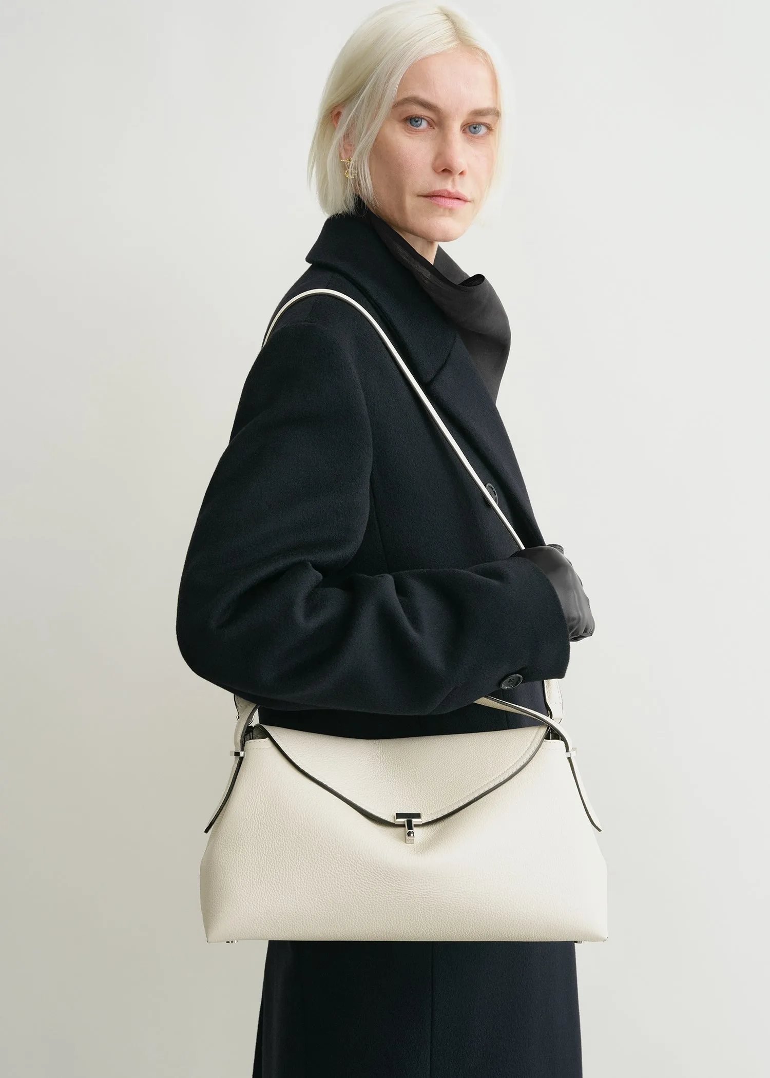 T-Lock grained-leather top handle milk