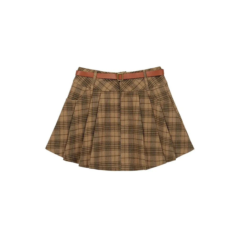 TAVIMART  -  Korean Vintage Brown Plaid Pleated Skirt Female Autumn Winter Elegant Slim High Waist A-line Short Student Woolen Skirt 2024 New