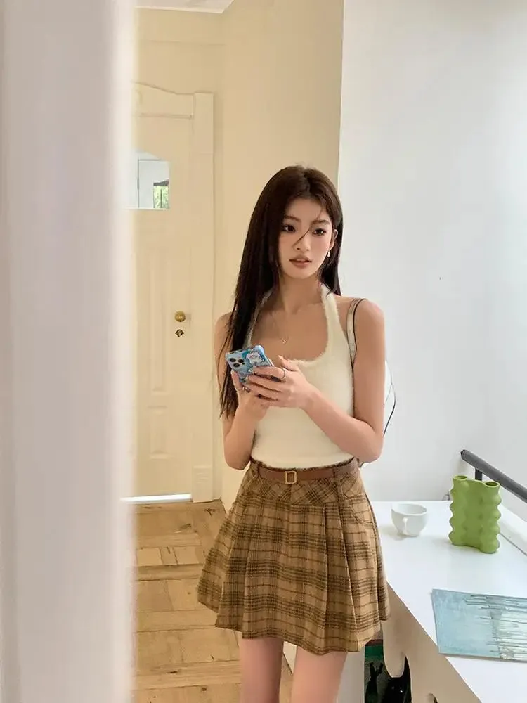 TAVIMART  -  Korean Vintage Brown Plaid Pleated Skirt Female Autumn Winter Elegant Slim High Waist A-line Short Student Woolen Skirt 2024 New