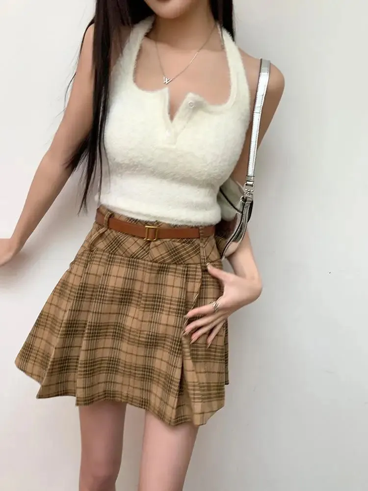 TAVIMART  -  Korean Vintage Brown Plaid Pleated Skirt Female Autumn Winter Elegant Slim High Waist A-line Short Student Woolen Skirt 2024 New