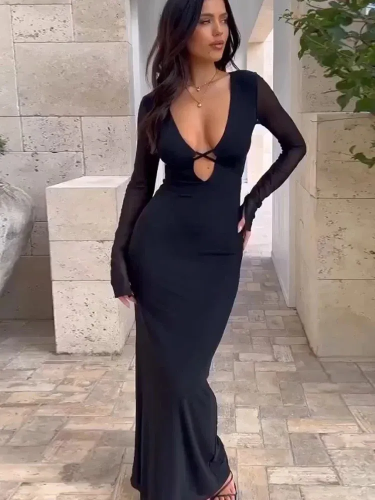 Toleet-Black deep v backless Sexy Dresses For Women Robes Elegant Party Evening Dress Bodycon Long Autumn Dress Vestidos