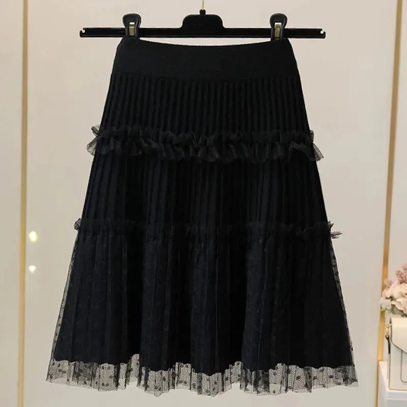 Toleet-Women Tulle Patchwork Puffy Skirt Korean Style High Waist Knitted Dot Pleated Skirt Woman Spring Simple All-Match Short Skirts