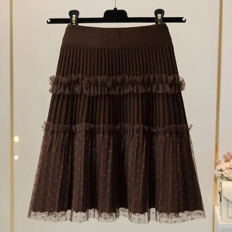 Toleet-Women Tulle Patchwork Puffy Skirt Korean Style High Waist Knitted Dot Pleated Skirt Woman Spring Simple All-Match Short Skirts