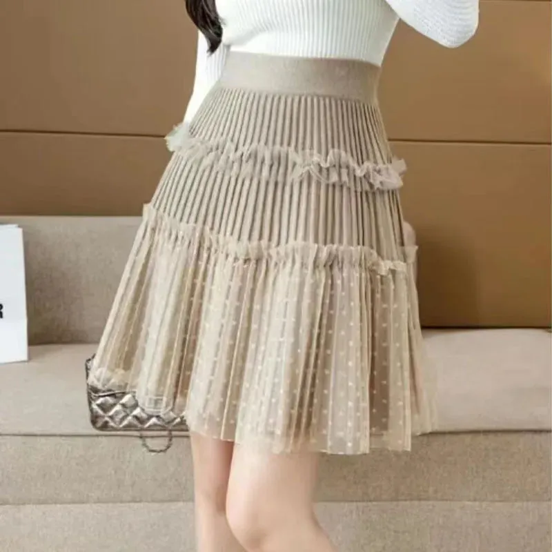 Toleet-Women Tulle Patchwork Puffy Skirt Korean Style High Waist Knitted Dot Pleated Skirt Woman Spring Simple All-Match Short Skirts