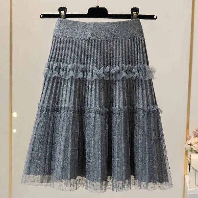 Toleet-Women Tulle Patchwork Puffy Skirt Korean Style High Waist Knitted Dot Pleated Skirt Woman Spring Simple All-Match Short Skirts