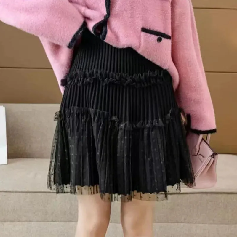 Toleet-Women Tulle Patchwork Puffy Skirt Korean Style High Waist Knitted Dot Pleated Skirt Woman Spring Simple All-Match Short Skirts