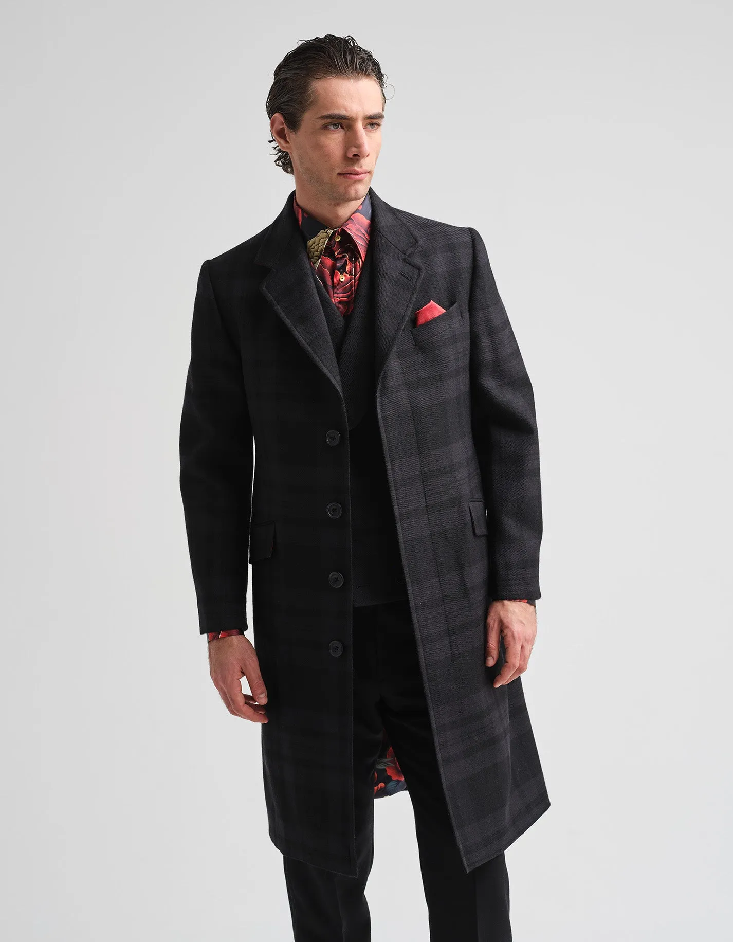 Tonal Black Tartan Covert Coat GOLD COLLECTION