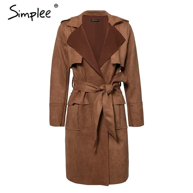 Turn down collar sash suede trench coat Casual leather pocket