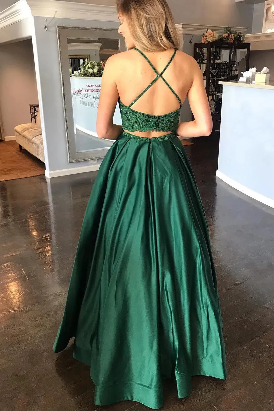 Two Pieces Lace Top Backless Green Prom Dress with Pocket, Two Pieces Lace Green Formal Dress, Two Pieces Green Lace Evening Dress