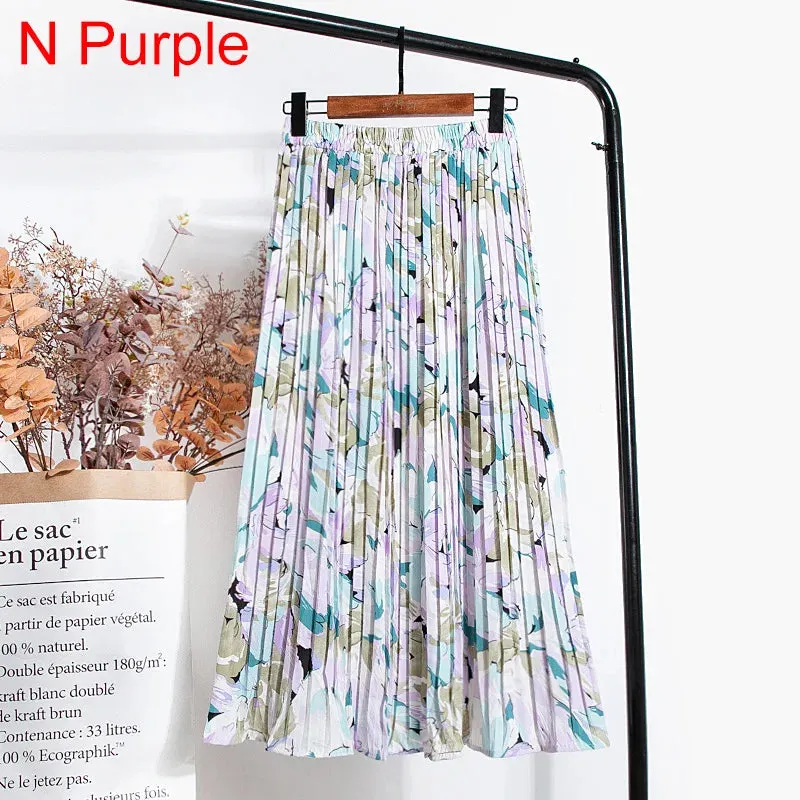 Uniwim Skirts Womens 2024 High Waist Floral Print Mid Calf Long Pleated Skirt Women Summer Vintage Elegant Chiffon Midi Skirt