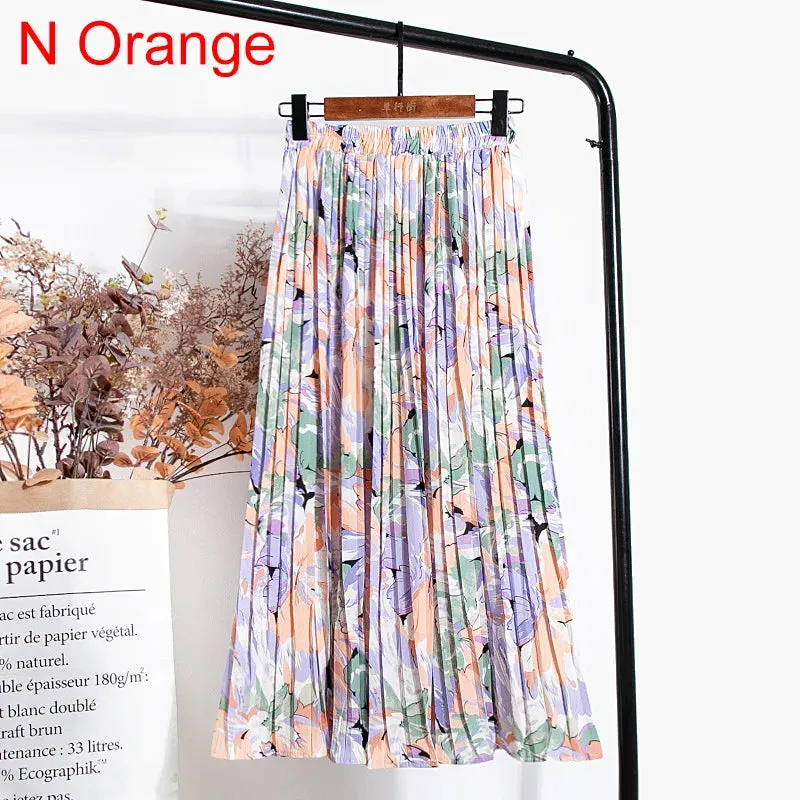 Uniwim Skirts Womens 2024 High Waist Floral Print Mid Calf Long Pleated Skirt Women Summer Vintage Elegant Chiffon Midi Skirt