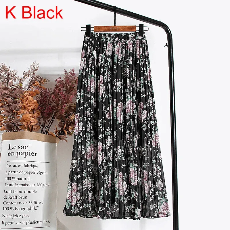 Uniwim Skirts Womens 2024 High Waist Floral Print Mid Calf Long Pleated Skirt Women Summer Vintage Elegant Chiffon Midi Skirt