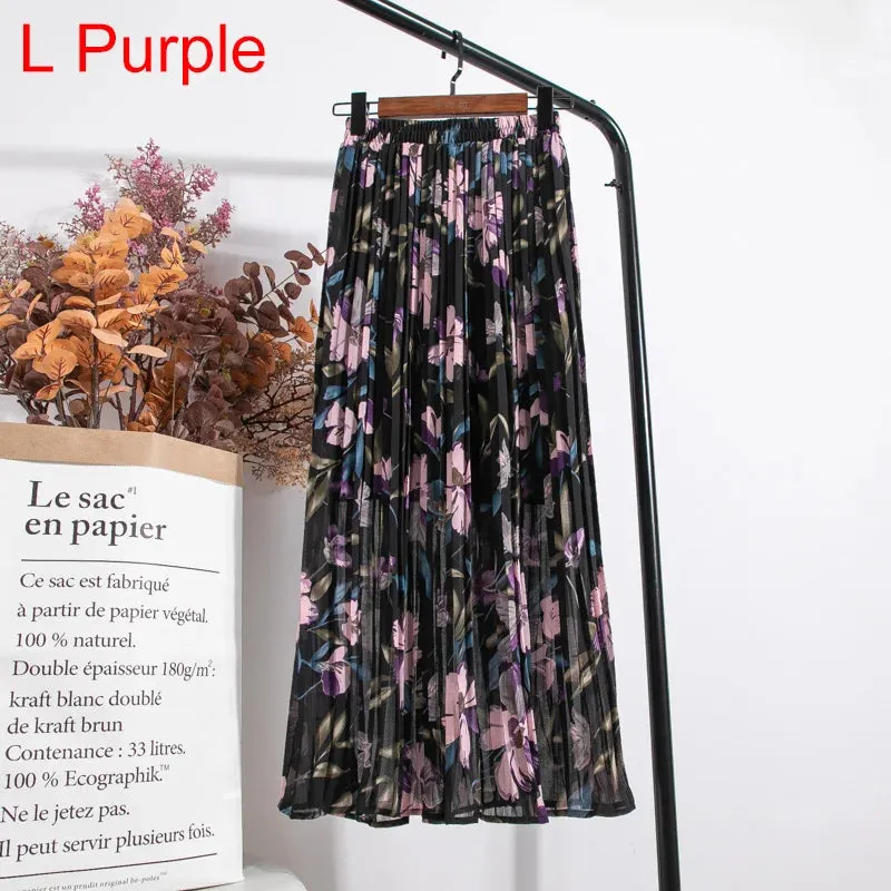 Uniwim Skirts Womens 2024 High Waist Floral Print Mid Calf Long Pleated Skirt Women Summer Vintage Elegant Chiffon Midi Skirt