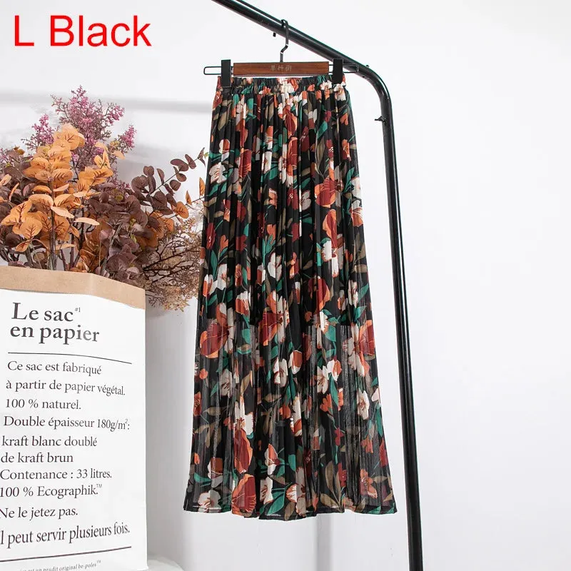 Uniwim Skirts Womens 2024 High Waist Floral Print Mid Calf Long Pleated Skirt Women Summer Vintage Elegant Chiffon Midi Skirt