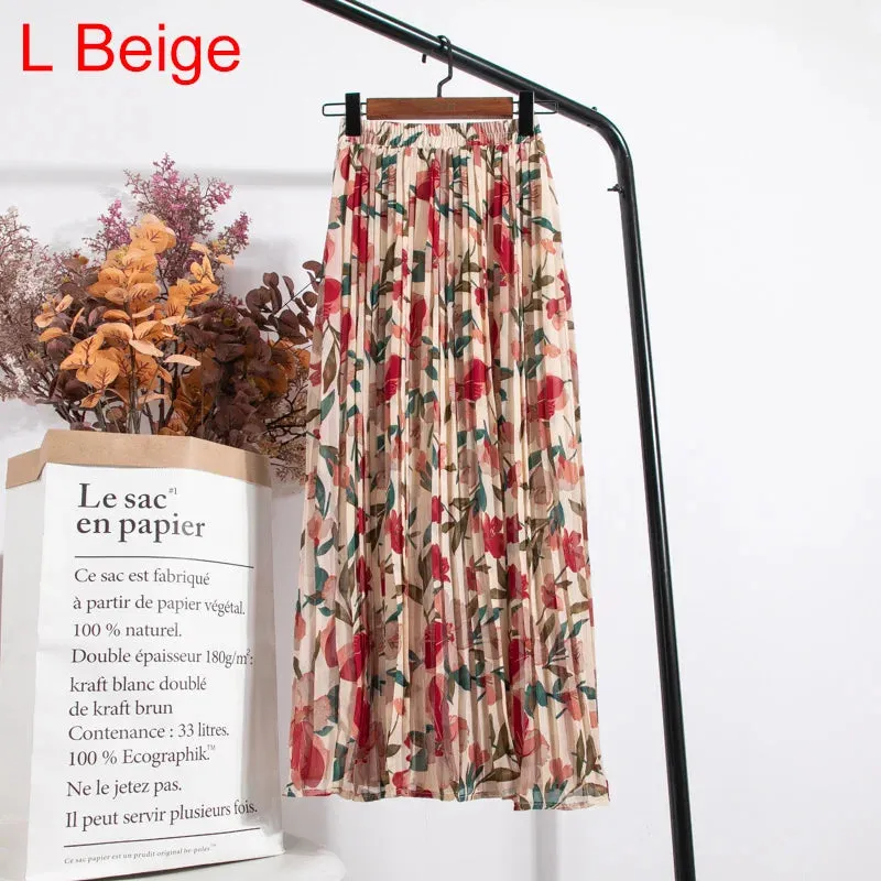 Uniwim Skirts Womens 2024 High Waist Floral Print Mid Calf Long Pleated Skirt Women Summer Vintage Elegant Chiffon Midi Skirt