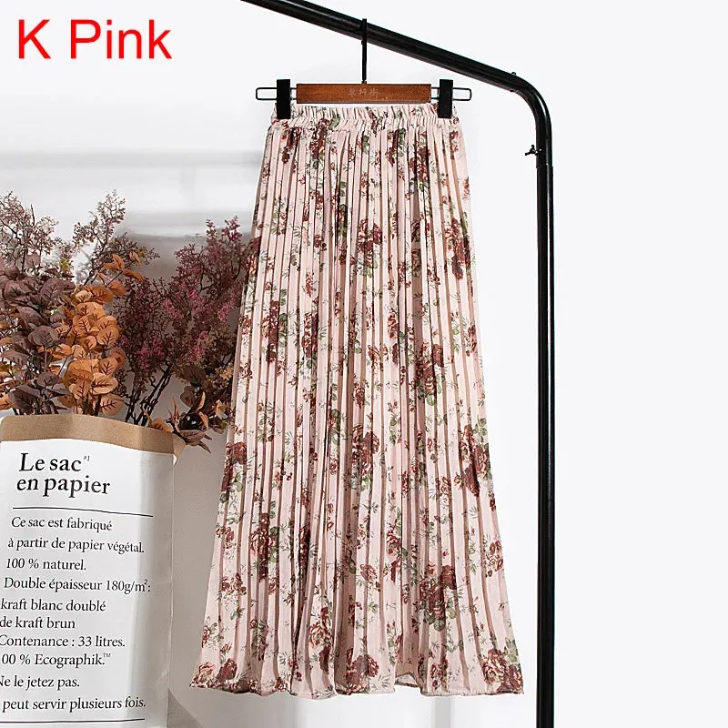 Uniwim Skirts Womens 2024 High Waist Floral Print Mid Calf Long Pleated Skirt Women Summer Vintage Elegant Chiffon Midi Skirt