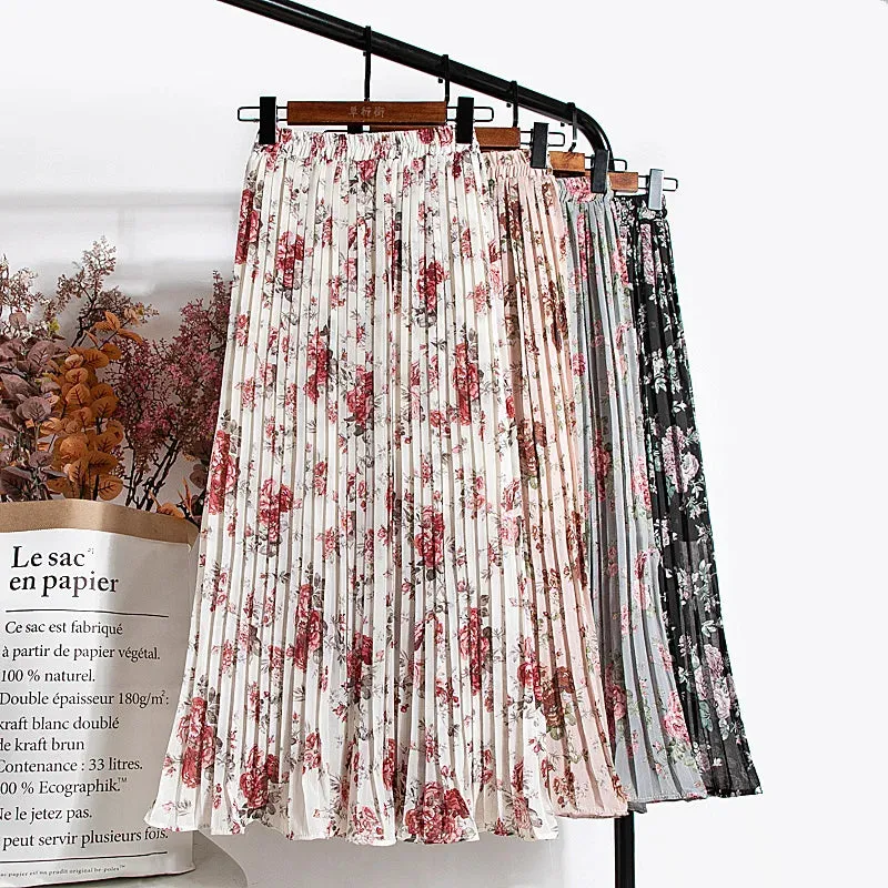 Uniwim Skirts Womens 2024 High Waist Floral Print Mid Calf Long Pleated Skirt Women Summer Vintage Elegant Chiffon Midi Skirt