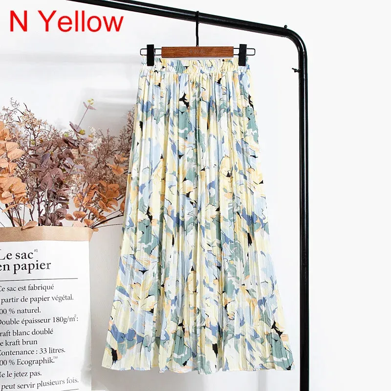 Uniwim Skirts Womens 2024 High Waist Floral Print Mid Calf Long Pleated Skirt Women Summer Vintage Elegant Chiffon Midi Skirt