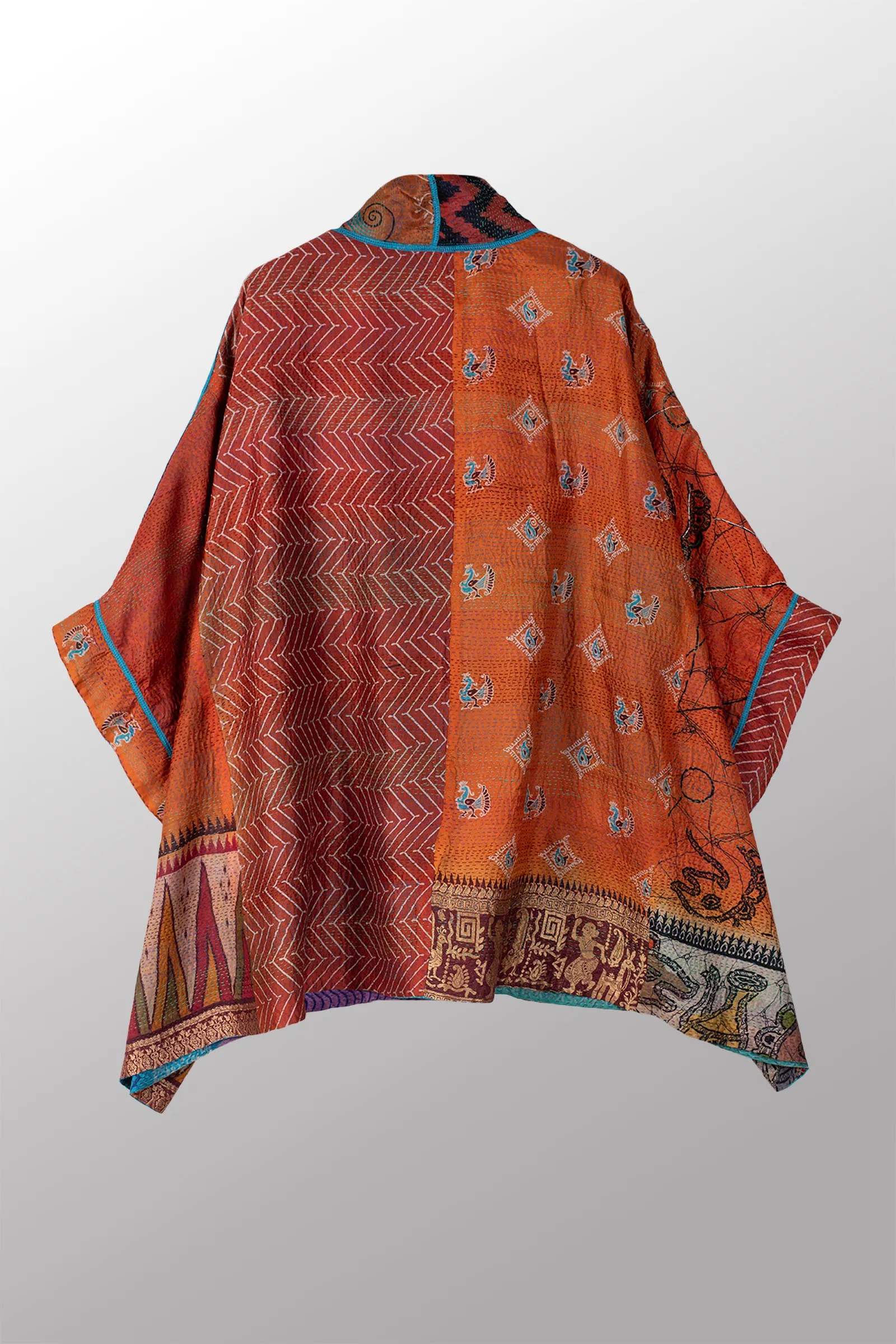 VINTAGE SILK KANTHA DOUBLE COLLAR PONCHO - sv2323-0008a -