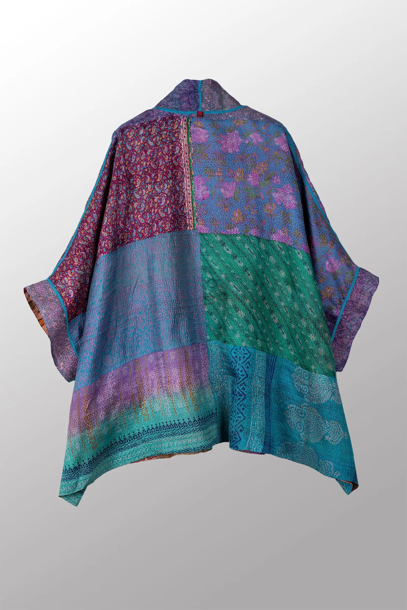 VINTAGE SILK KANTHA DOUBLE COLLAR PONCHO - sv2323-0008a -