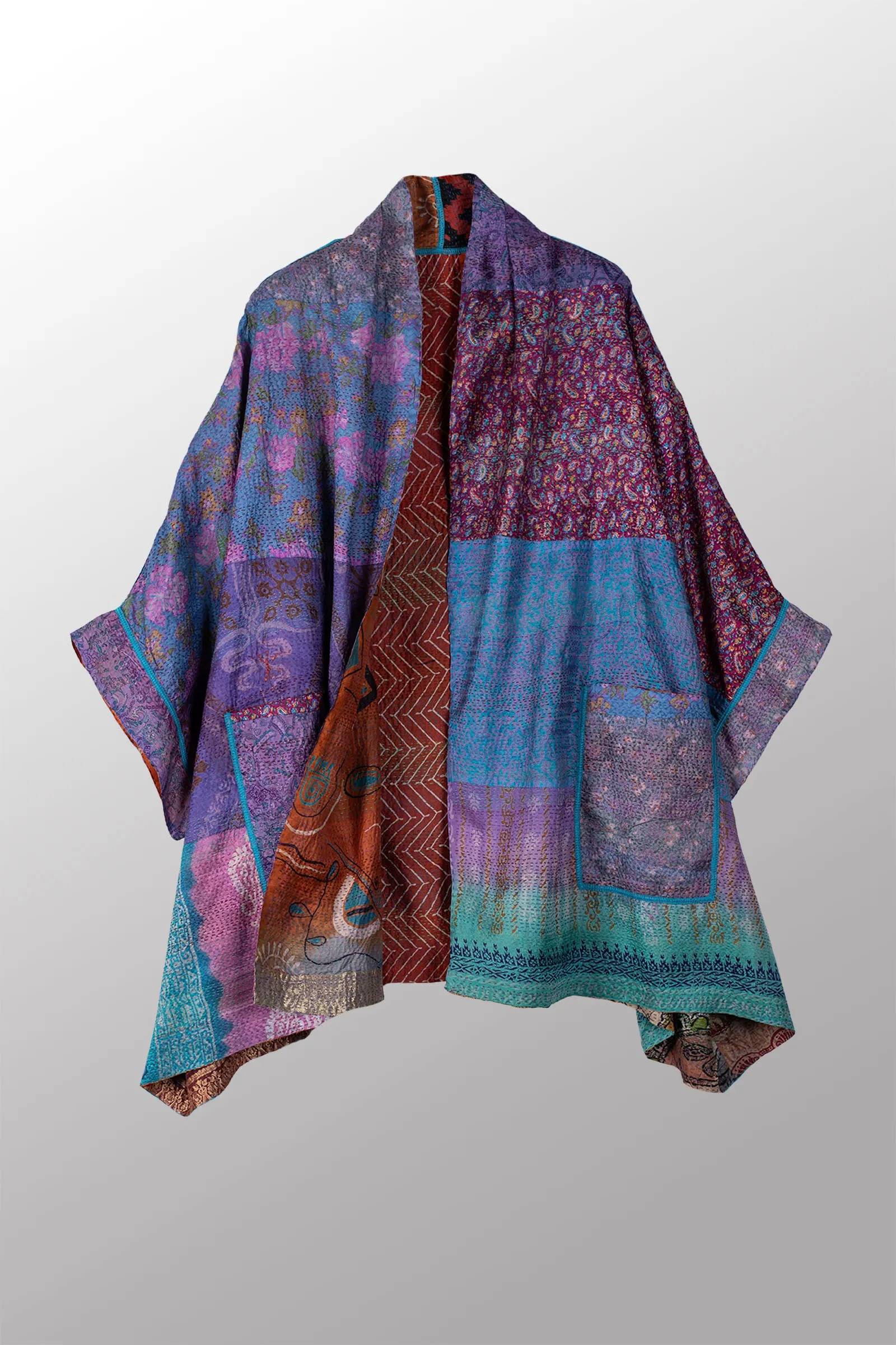 VINTAGE SILK KANTHA DOUBLE COLLAR PONCHO - sv2323-0008a -