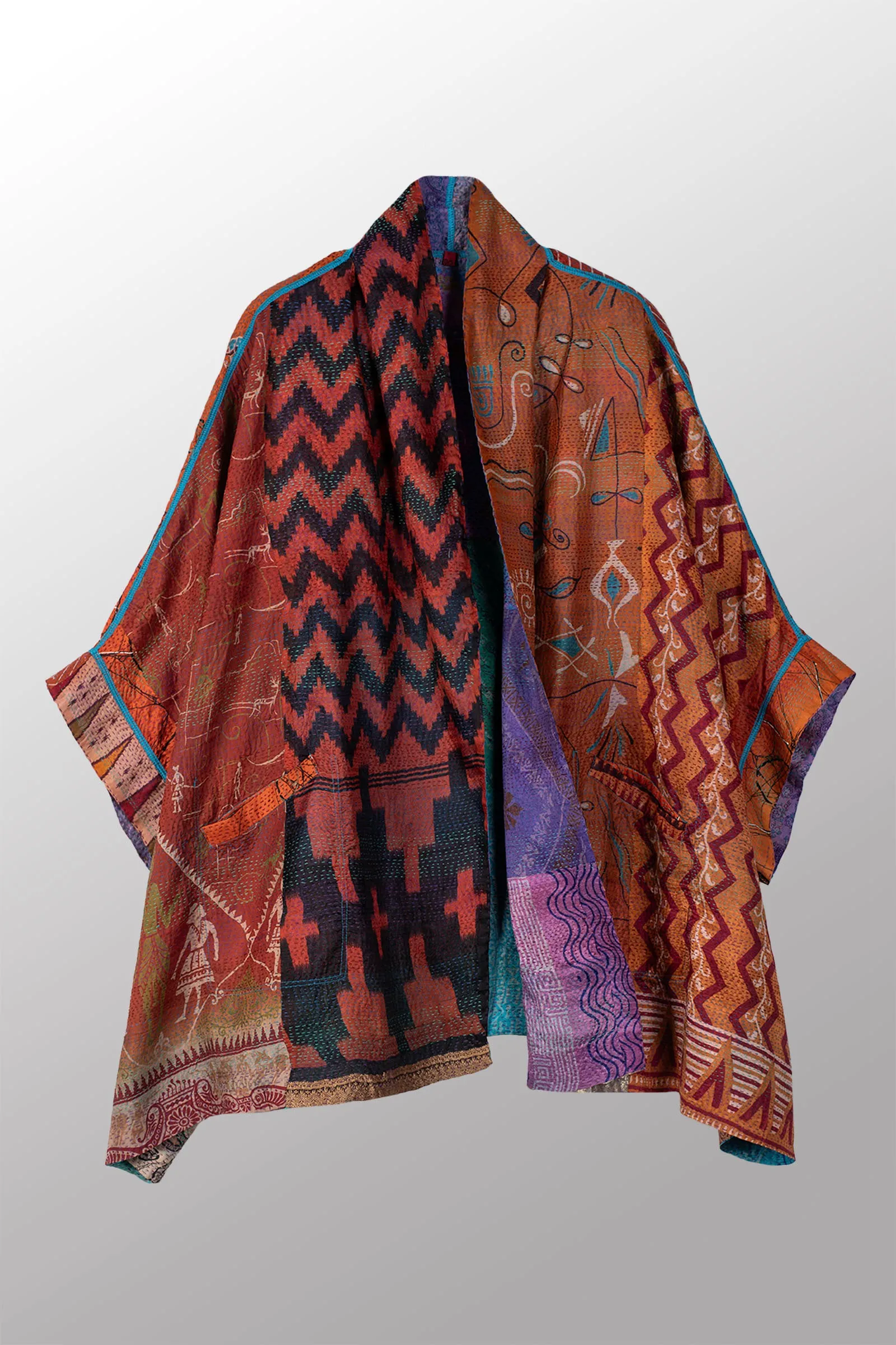 VINTAGE SILK KANTHA DOUBLE COLLAR PONCHO - sv2323-0008a -