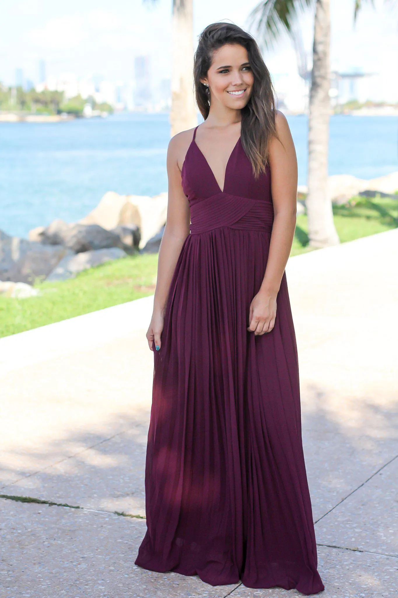 Wine Pleated Maxi Dress with Criss Cross Back