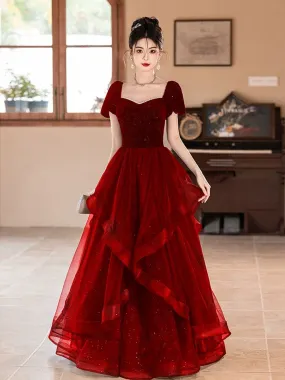 Wine Red Short Sleeves Velvet and Tulle Prom Dress, Wine Red A-line Party Dress