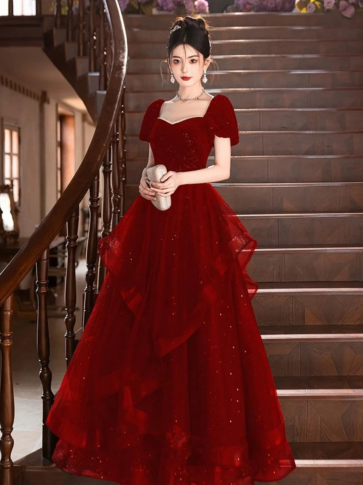 Wine Red Short Sleeves Velvet and Tulle Prom Dress, Wine Red A-line Party Dress