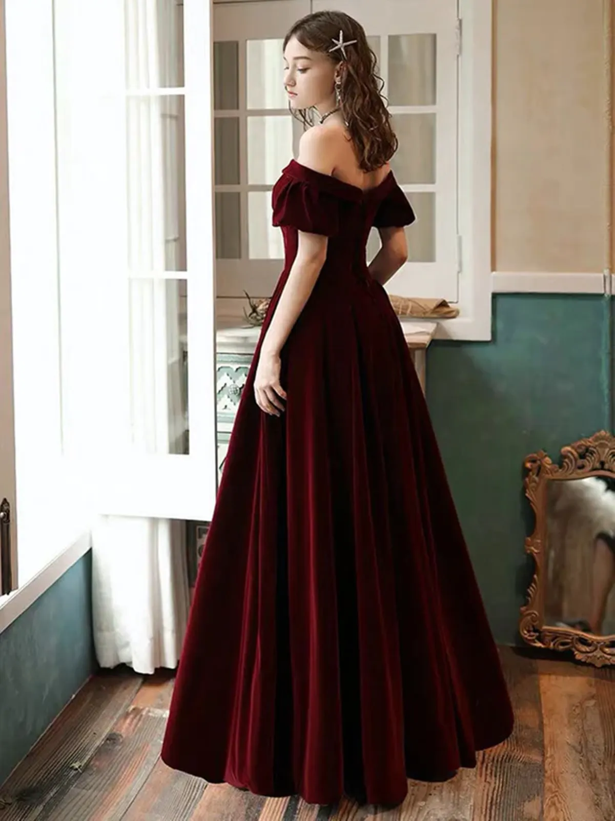 Wine Red Velvet Off Shoulder Long Party Dress, A-line Velvet Long Prom Dress