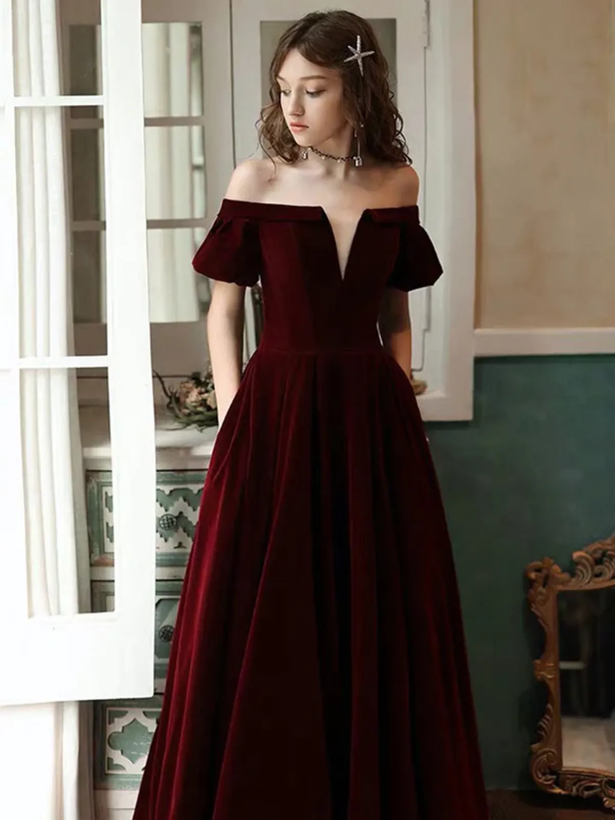 Wine Red Velvet Off Shoulder Long Party Dress, A-line Velvet Long Prom Dress