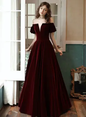 Wine Red Velvet Off Shoulder Long Party Dress, A-line Velvet Long Prom Dress