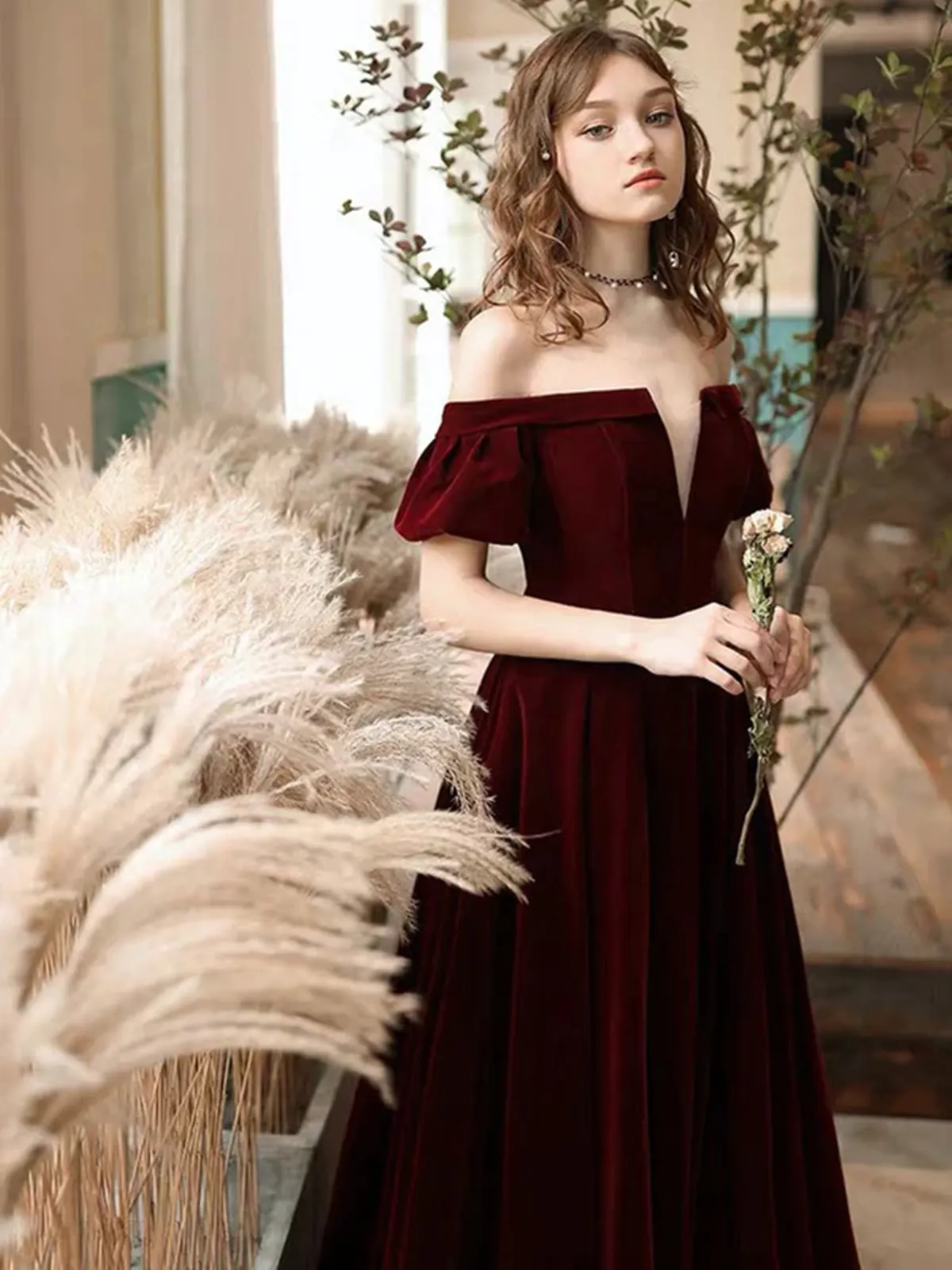 Wine Red Velvet Off Shoulder Long Party Dress, A-line Velvet Long Prom Dress