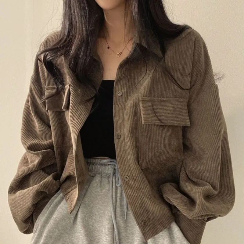 Wjczt Corduroy Shirt for Woman Elegant Chic Woman Shirt Double Pocket Shirt Coat Autumn and Winter New Casual Jacket Korean