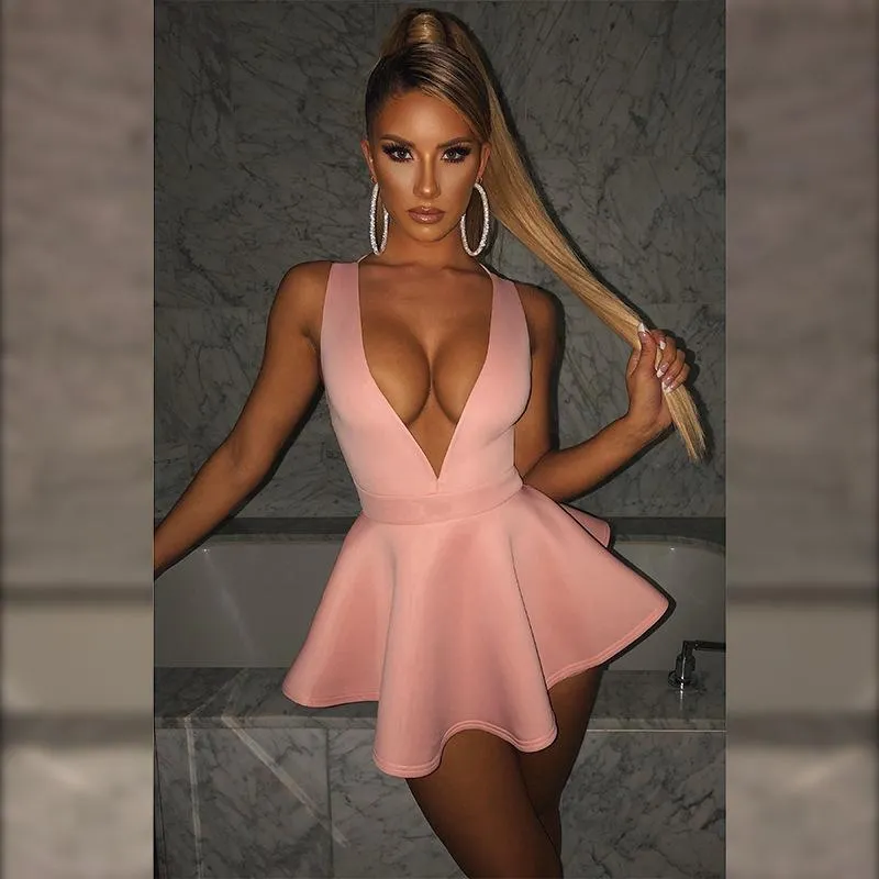 Women Sexy Halter Deep V Neck Backless Mini Dress