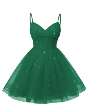 Women's V Neck Tulle Spaghetti Straps Emerald Green Homecoming Dresses with Corset Back Short Prom Gowns for Teens