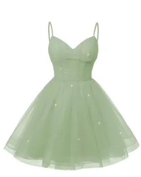 Women's V Neck Tulle Spaghetti Straps Sage Green Homecoming Dresses with Corset Back Short Prom Gowns for Teens