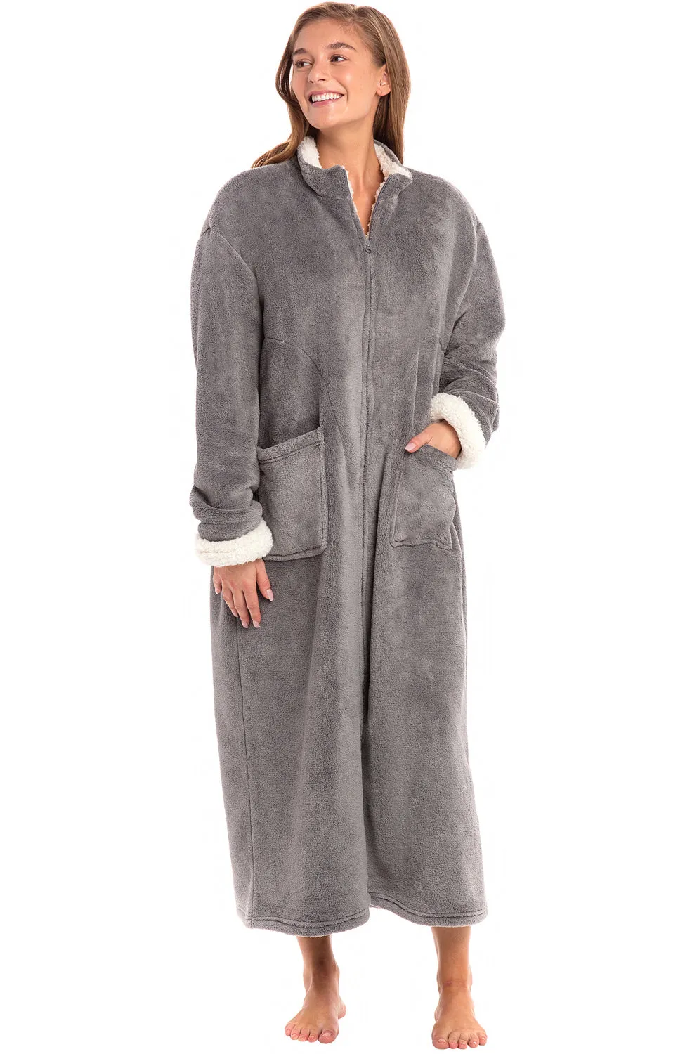 Women's Zip Up Plush Robe, Oversized Bathrobe with Two Way Zipper