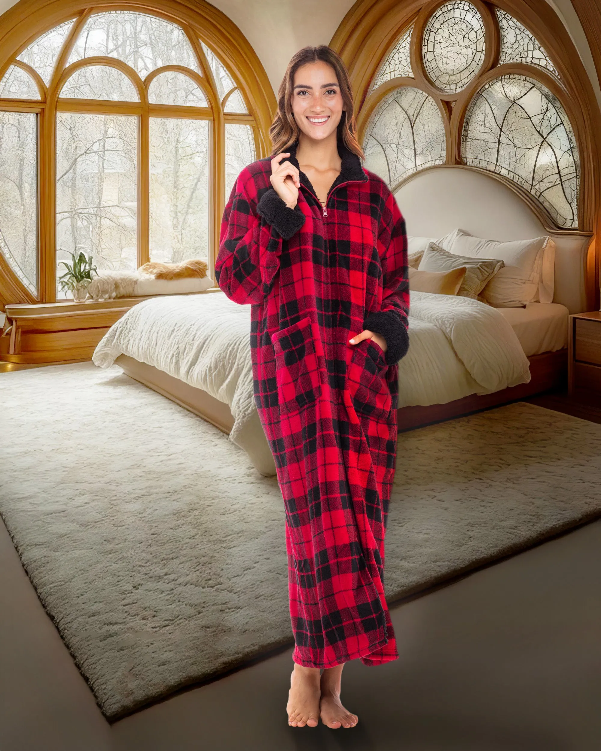 Women's Zip Up Plush Robe, Oversized Bathrobe with Two Way Zipper