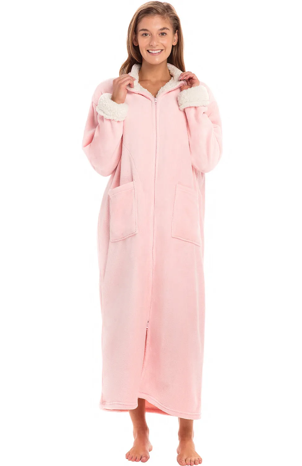 Women's Zip Up Plush Robe, Oversized Bathrobe with Two Way Zipper