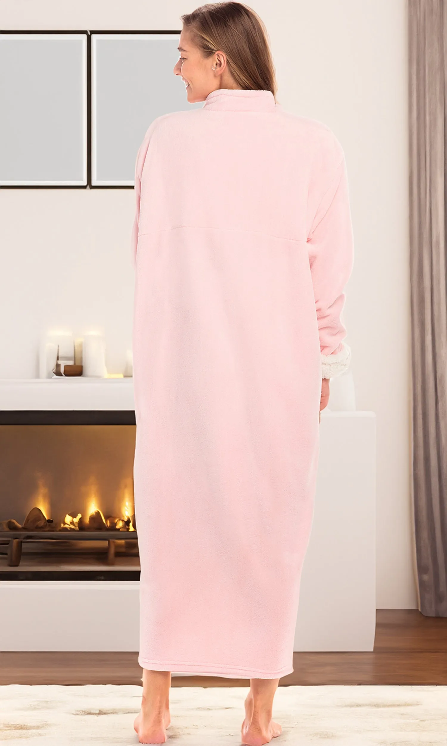 Women's Zip Up Plush Robe, Oversized Bathrobe with Two Way Zipper