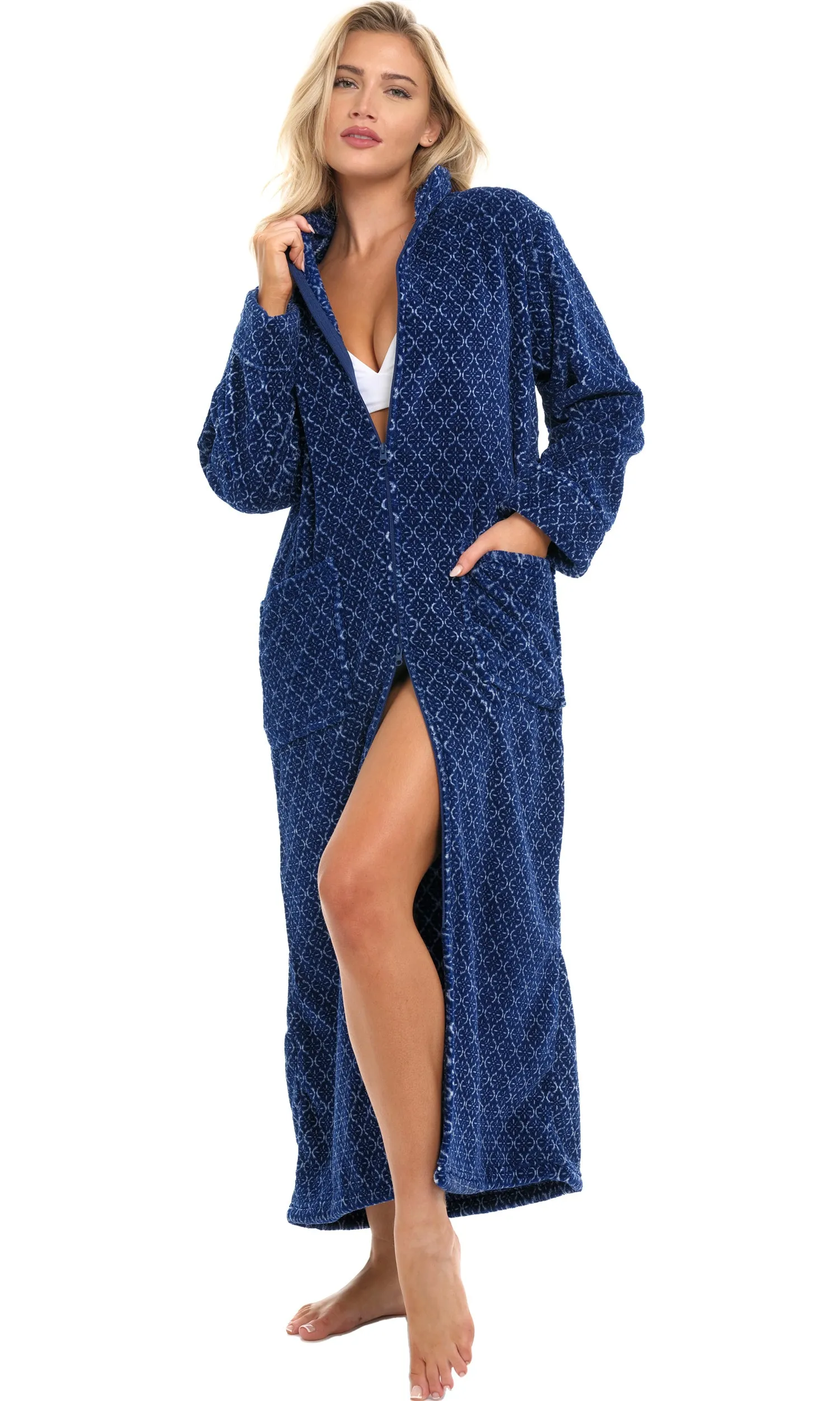 Women's Zip Up Plush Robe, Oversized Bathrobe with Two Way Zipper